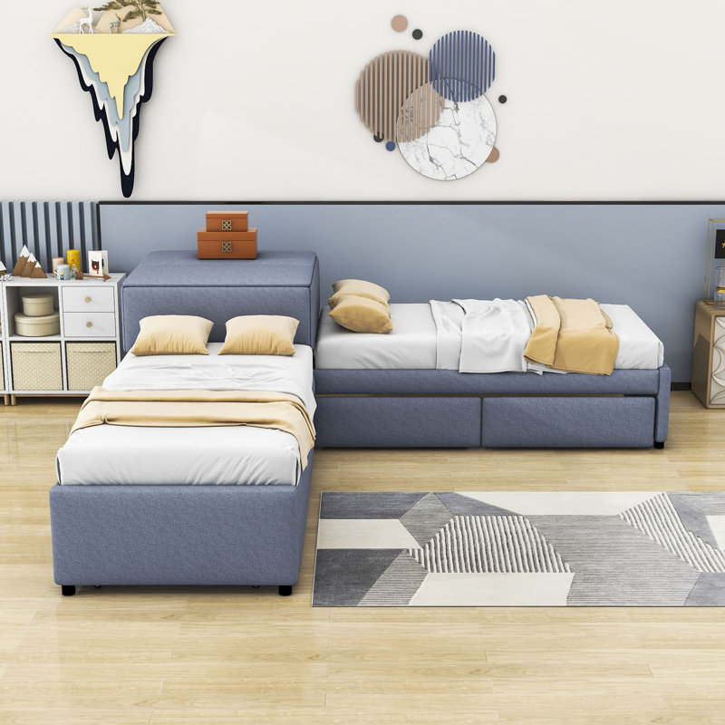 Twin Size 2 Drawers Upholstered L-shaped Platform Beds with Trundle