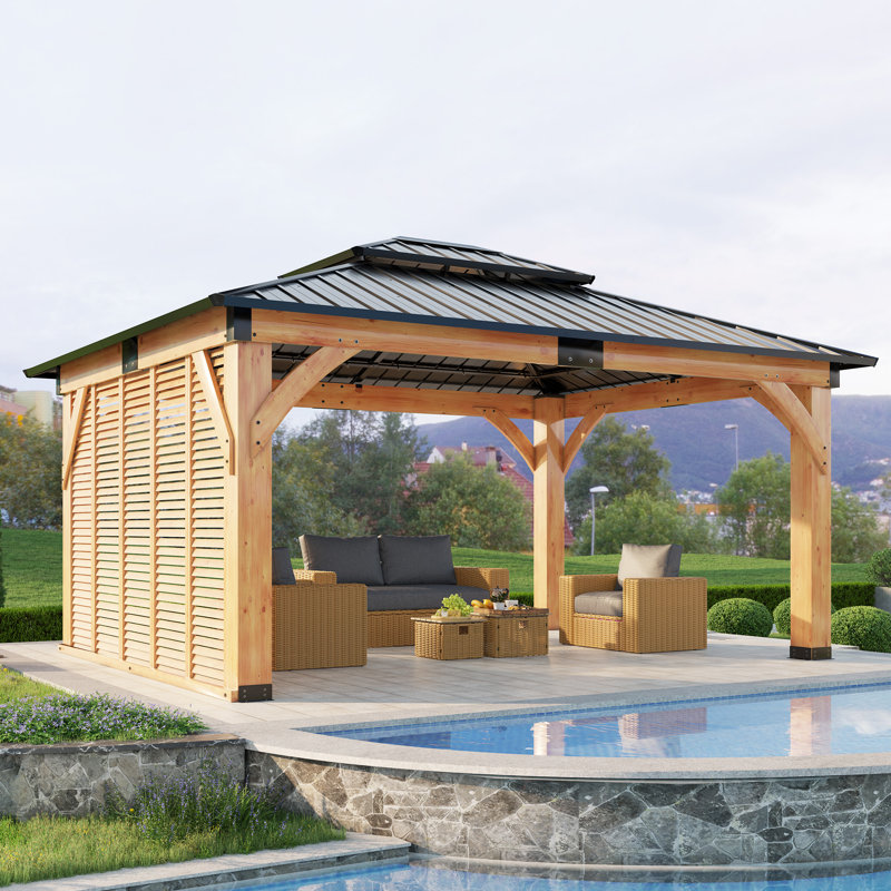 Classic 12x14 Ft Solid Wood Gazebo With Privacy Wall, Gray + Natural Wood