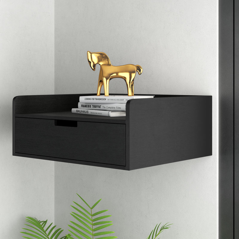 Tablette d'appoint en bois massif avec tiroir Casiano, Noir