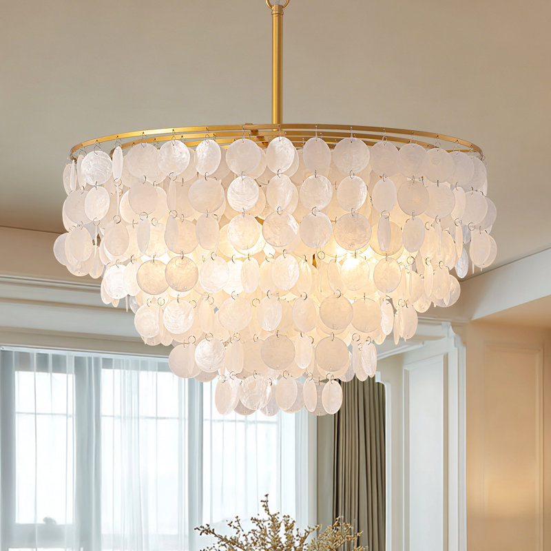 Lustre moderne en coquillage capiz doré de 60 cm (23,6 po), suspension tambour côtière