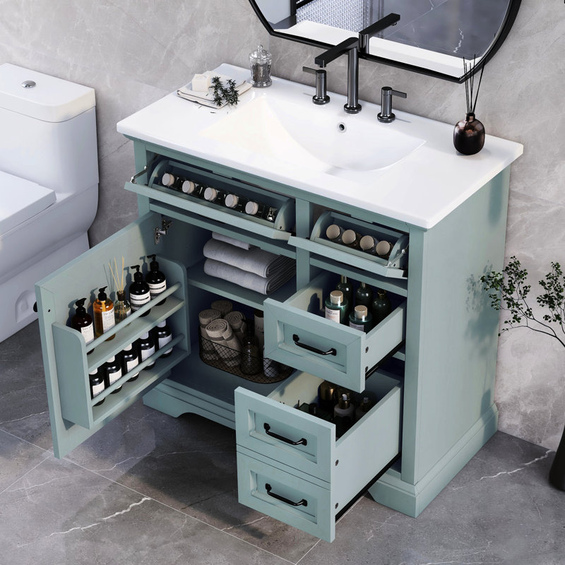 Lavabo de salle de bain gris 36 po - Céramique solide, 4 tiroirs, charnière de porte silencieuse avec, Gris / vert