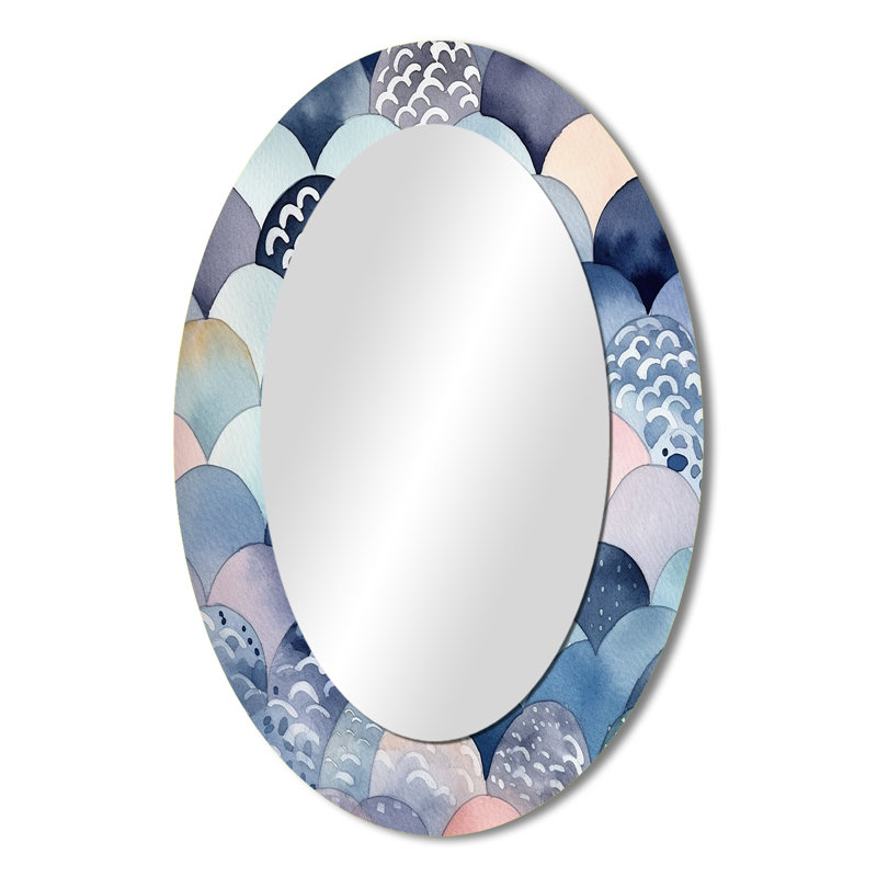 Carte abstraite bleue de formes V - Miroir décoratif ovale abstrait sur métal, 36 po x 24 po