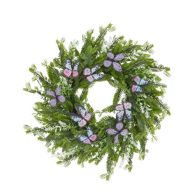 Couronne de buis de 20 pouces pour la porte d'entrée, couronne de printemps artificielle avec feuilles de fougère