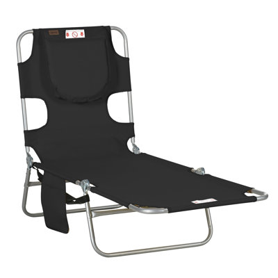 Tanning Chair With Face Hole, 5-Level Adjustable Outdoor Chaise Lounge Chair With Pillow For Beach, Pool, Black