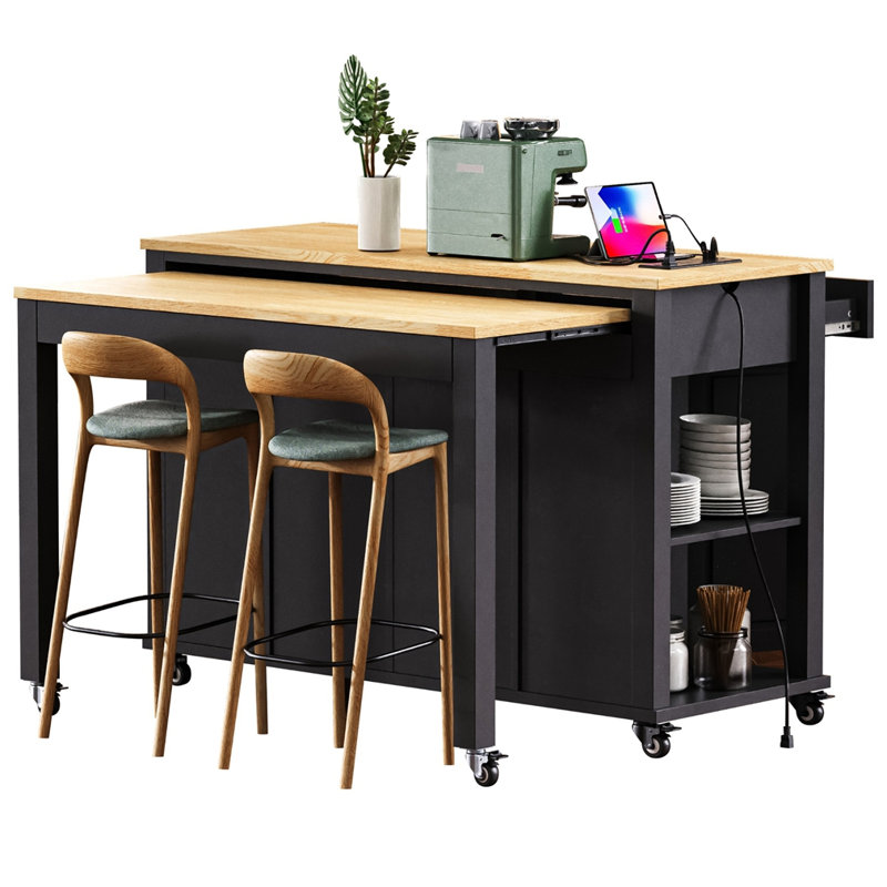 47" Kitchen Island with Extendable Dining Table, Rubber Wood Veneer Kitchen Table with Internal Storage Rack, Black