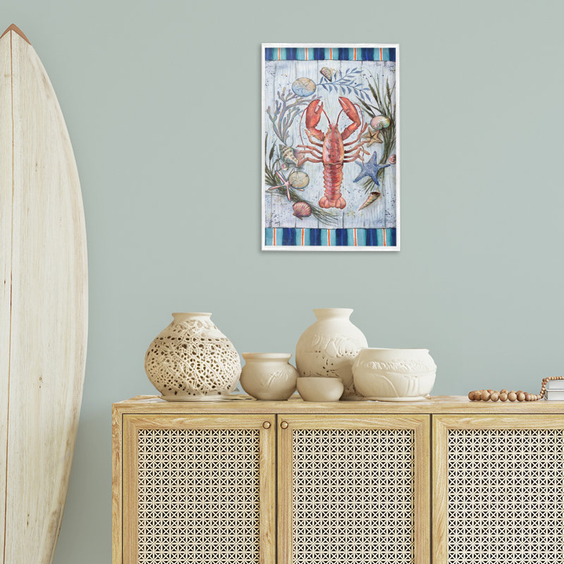 «Coastal Wreath & Lobster», art de la giclée encadrée par Geoff Allen, H 24 po x l 16 po, Giclée encadrée noir minuit