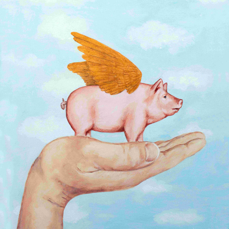 Cochon avec des ailes dorées - Peinture, H 36 po x l 36 po, Toile tendue, Non