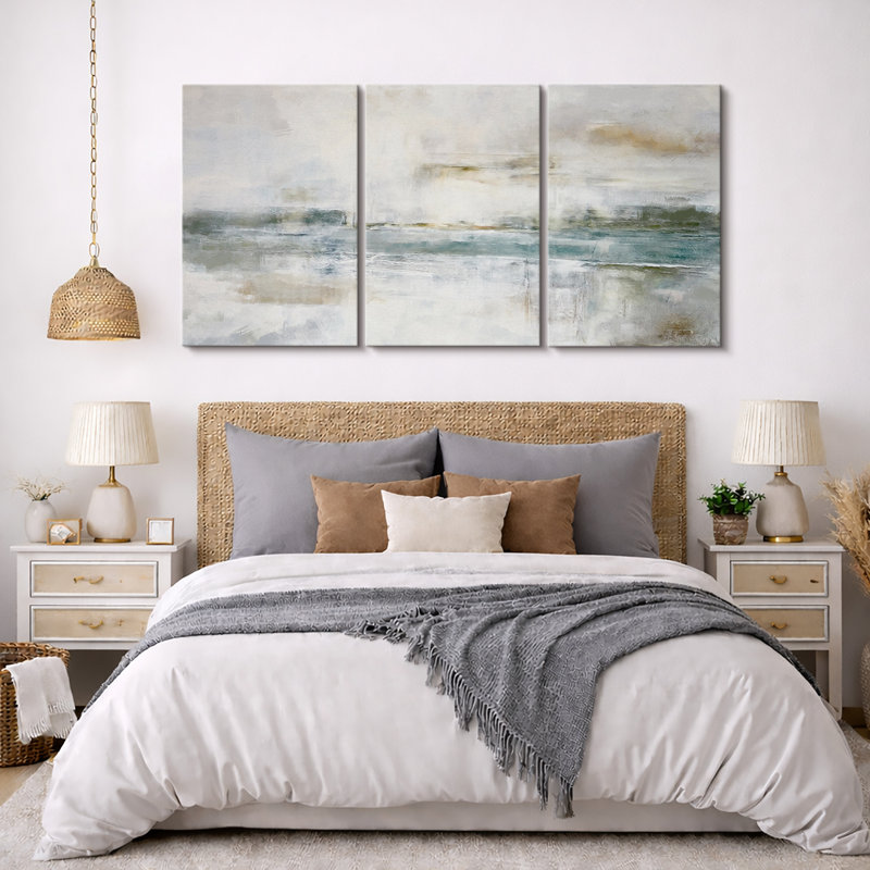 Minimal Landscape "Grunge Green Gray Abstract Artwork, Modern Industrial Chic Wall Pictures, Large Framed Canvas Giclee Print 3 Pieces Wall Art"