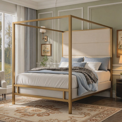 Modern Gold Canopy Bed With 76.5" Tall Linen Fabric Upholstered Headboard Metal 4-Poster Bed Frame, Box Spring Needed, King(Old SKU:N701P272839C)