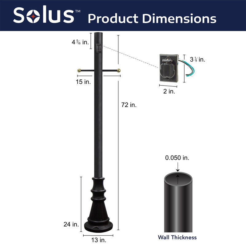 Solus 6ft. Surface Mount Lamp Post with Decorative Cross Arm, Convenience Outlet, and Decorative Base Cover