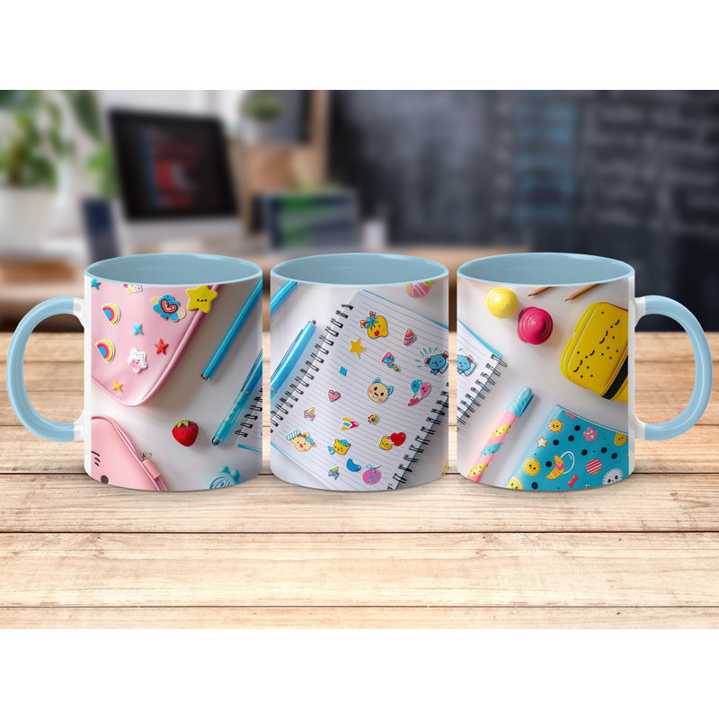 Set of 2 Kids Drawing Style 11oz Accent Mugs – Ceramic Coffee Cups with a Light Blue Handle and Interior