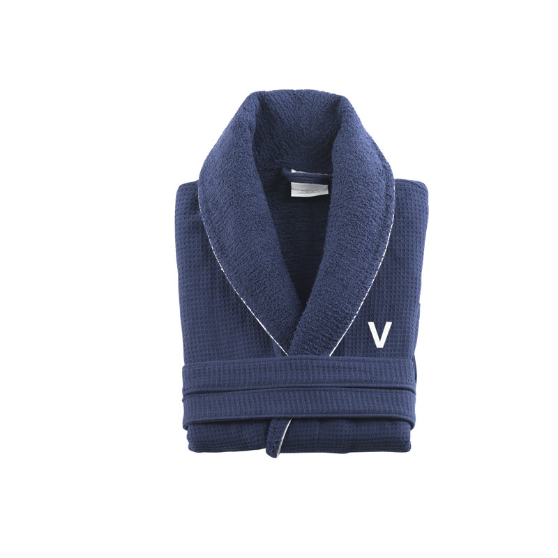 Peignoir monogrammé gaufré en coton turc, Marine, V