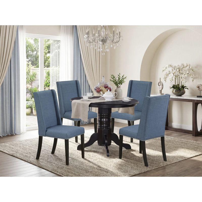 Ensemble de table de salle à manger 5 pièces comprenant une table de cuisine ronde avec piédestal et 4 chaises de salle à manger Parson en tissu bleu, noir