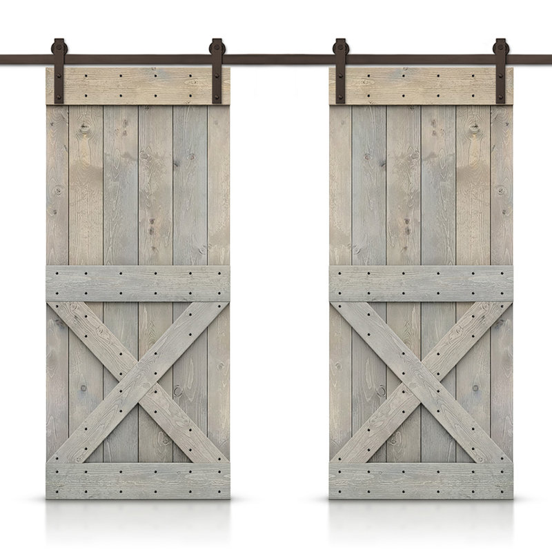 Porte de grange à panneaux et en bois avec quincaillerie d'installation, Beige/gris, 96 po x 84 po