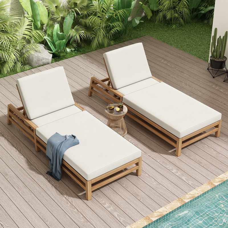 Set of 2 Acacia Wood Outdoor Chaise Lounge Chairs with 4" Cushions, 5-Position Adjustable Reclining Backrest, Patio Lounge Chairs for Poolside, Garden, or Balcony