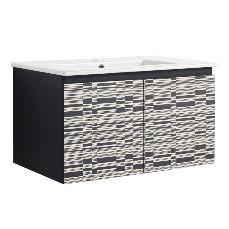 Meuble-lavabo de salle de bain avec lavabo en céramique. 30 po flottant. . Porte à fermeture en douceur. Contreplaqué noir. Rangement attrayant, moderne et généreux