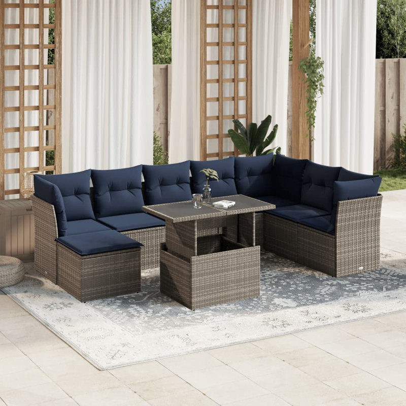 Ensemble de canapé de patio 9 pièces avec coussins en rotin de polyester, Gris, Marine