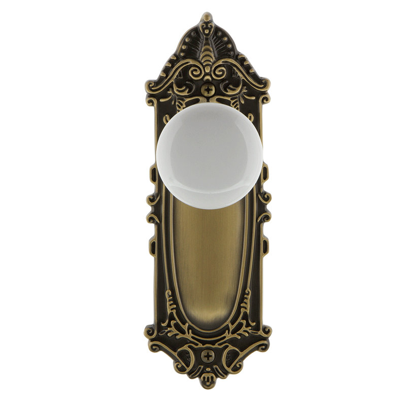 Victorian Plate with White Porcelain Door Knob, Antique Brass, 2.375"