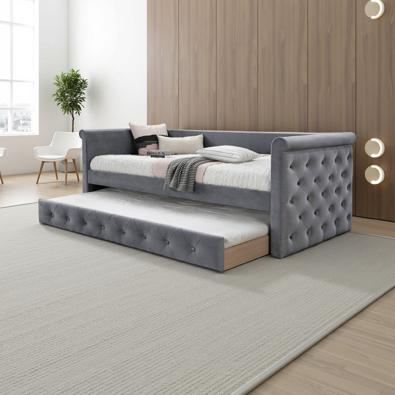 Très grand lit plateforme tapissier, Taupe