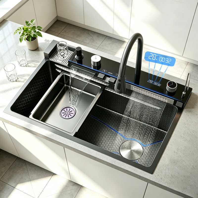 Stainless Steel Kitchen Sink Multifunctionl Workstation Sinks Single Bowl With Accessories Faucet, 6846CM-FM