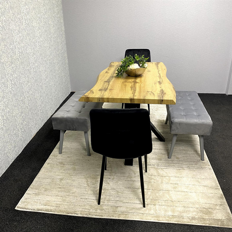 Wooden Brown Dining Table with 2 Velvet Chairs and 2 Grey Padded Benches, Dining Room Furniture, Black