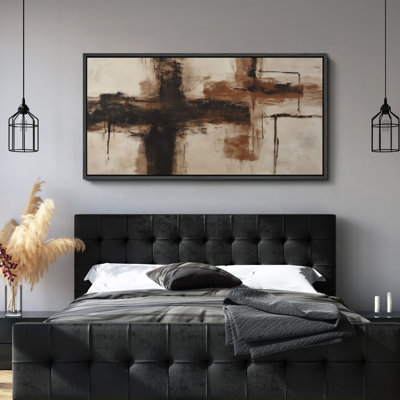 Bold Cross Abstract in Deep Brown and Charcoal – Large Framed Canvas Master Bedroom Wall Art Print