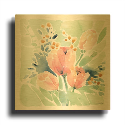 «Tulip Bower» par Katrina Pete, art mural en métal doré, 12 po x 12 po