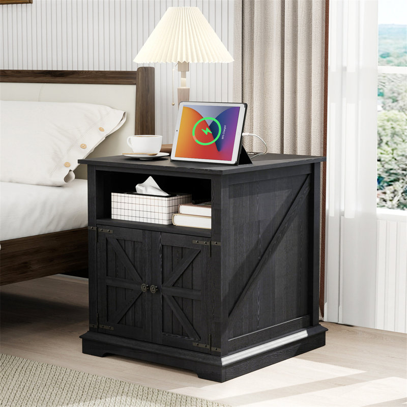 Farmhouse Nightstand With Charging Station, 24” Large End Table With Barn Doors, Black