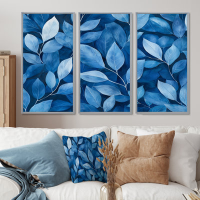 Indigo feuilles feuillage collage I - feuilles, art mural sur toile - 3 panneaux
