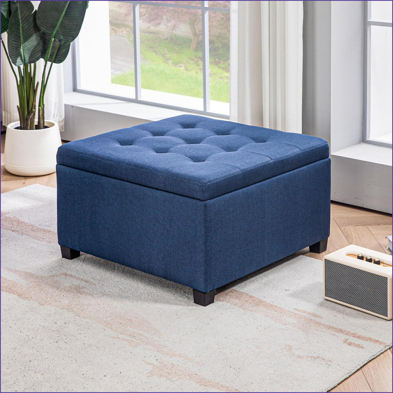 Ottoman with Storage Flip Top, Vintage Tufted Navy Blue Fabric, Eucalyptus Wood Frame for Living Room Entryway Bedroom | Black | Wood