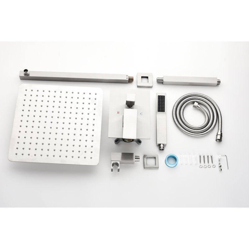 Pomme de douche murale 12 po, style nickel brossé, laiton, P 59 po, l 12 po, H 60 po, finition 9,88 lb, poids