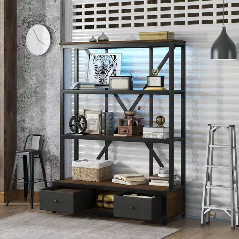 Bibliothèque à 3 tablettes en métal avec tiroirs pour le bureau personnel, bibliothèque ouverte, bibliothèque de style industriel rétro avec DEL, couleur noyer
