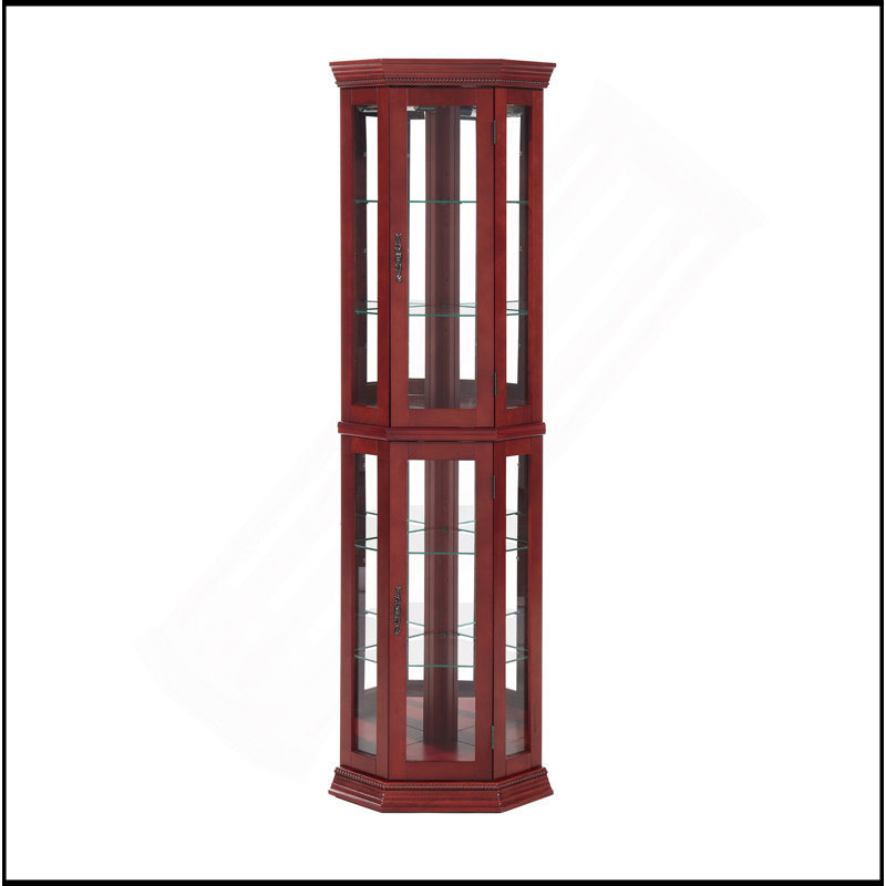 Exquisite Lighted Corner Display Cabinet With Adjustable Shelves And Tempered Glass Door, Cherry
