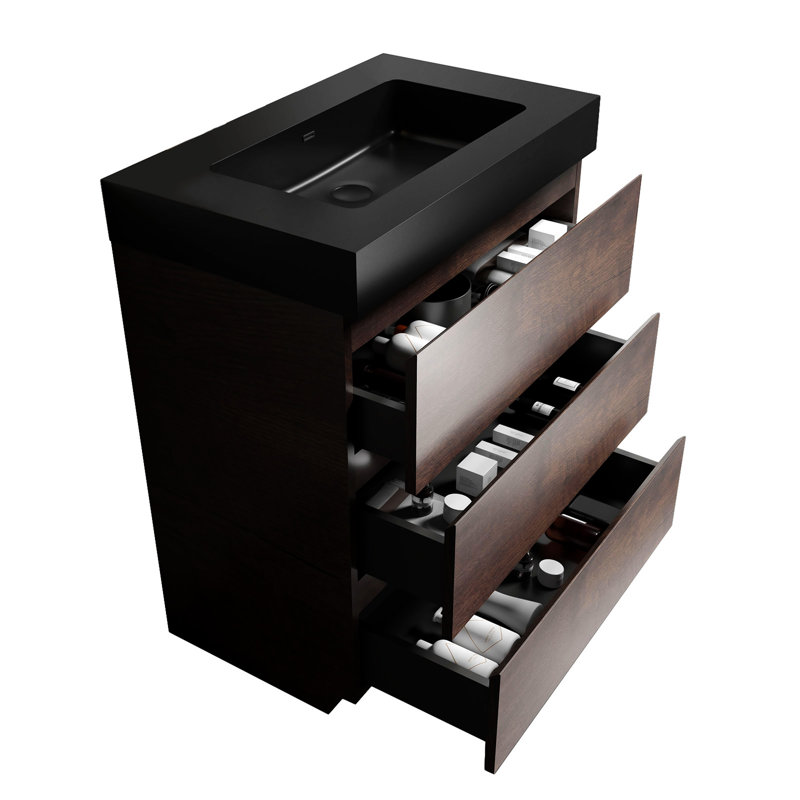 Alice 30" Walnut Bathroom Vanity With Sink, Walnut, Black