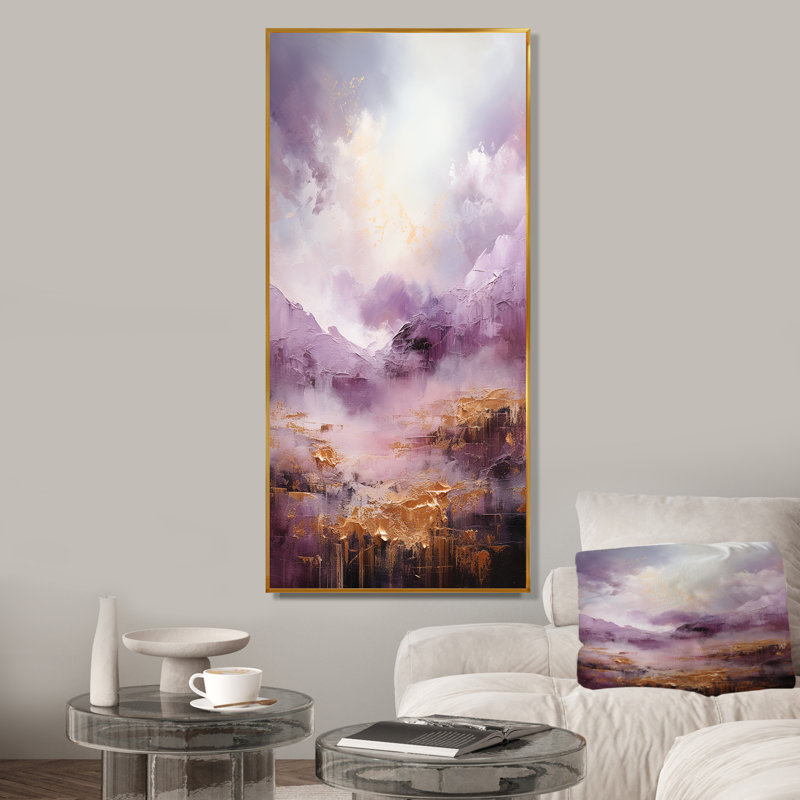 Purple And Gold Lake And Mountain V, Gold Floater Framed, 60" H x 28" W x 1.5" D
