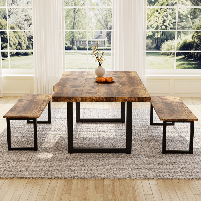 Modern Kitchen Dining Table Set, Mid-century Dining Table Set With Bench  For 4-6 Personal With Soild Legs, Brown
