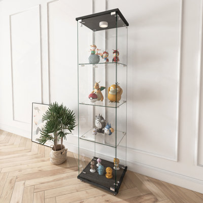 Modern Glass Display Cabinet With LED Lights, Quick-Assembly Antique Cabinet, Tempered Glass Bookshelf, Suitable For Living Room And Bedrooms, 1-Door
