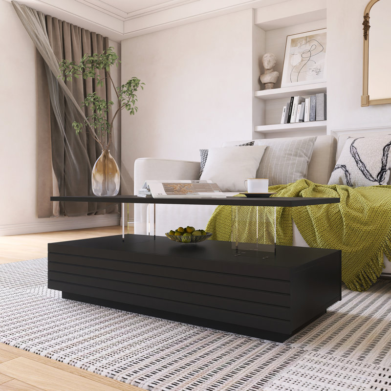 Table basse moderne à 2 tiroirs avec lumières DEL blanches modernes, Noir