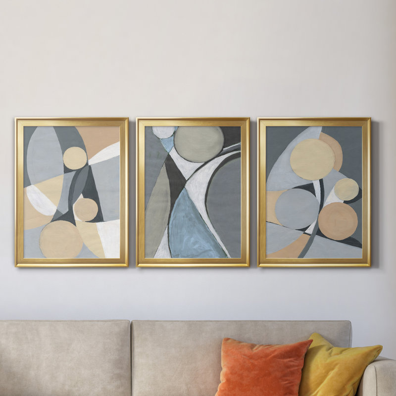 Un doux bijou géométrique II - ensemble de 3 reproductions d'art, H 18,5 po x l 73,5 po x P 1,5 po, Toile encadrée dorée