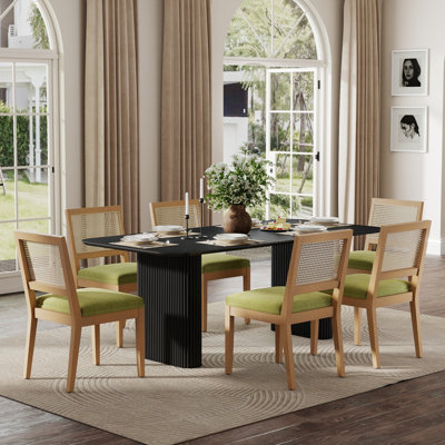 Ensemble de table de salle à manger rectangulaire en bois pour 4-6, table de ferme de style Mid-Century et chaises avec chaise en rotin de lin pour la salle à manger, appartement