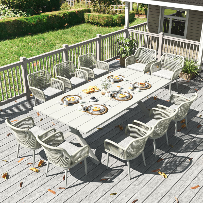 Outdoor Dining Set With Rectangular Dining Table, Light Grey, 10, White