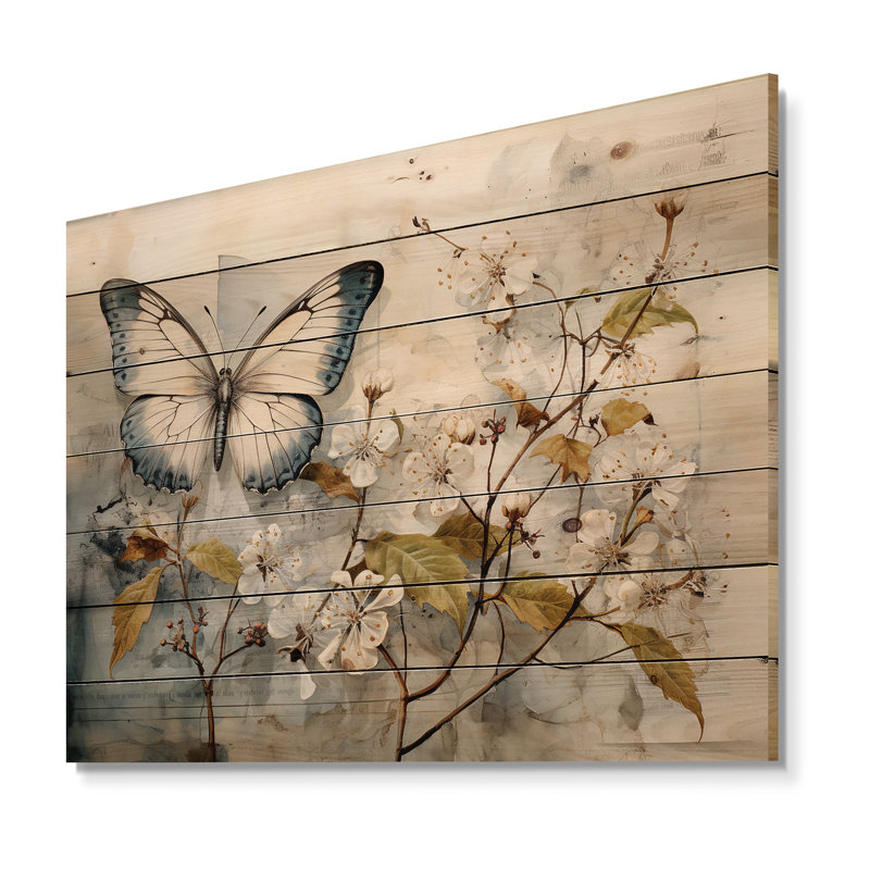 Papillon beige aperçu de sérendipité sur bois, H 10 po x l 20 po x P 0,78 po