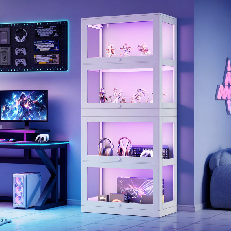 Vitrine 31,5 "à 4 niveaux avec tablettes réglables et portes en verre rabattables, Blanc