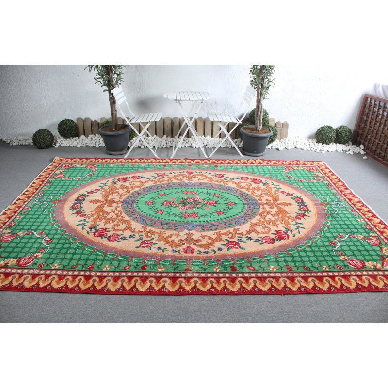 Tapis turc rétro surdimensionné tissé à la main avec motif de médaillon en vert moderne pour les salons