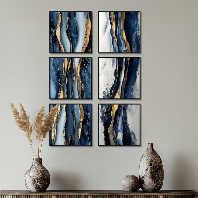 Cascade de marbre côtier liquide - ensemble de 6 reproductions d'art sur toile abstraites, Noir