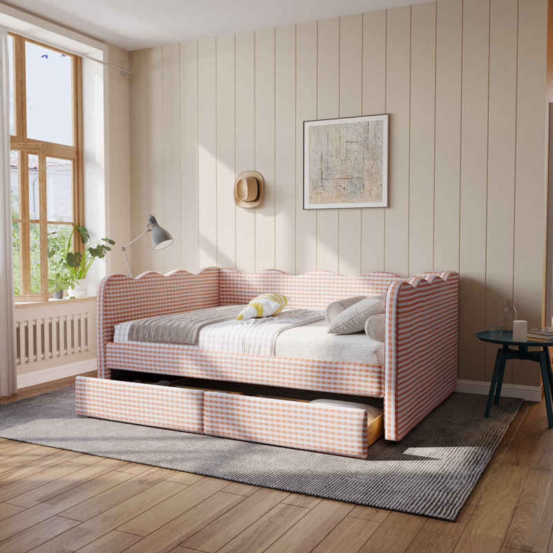 Gingham Daybed With 2 Storage Drawers And Usb Port, Wave-shaped Design, Full, Pink