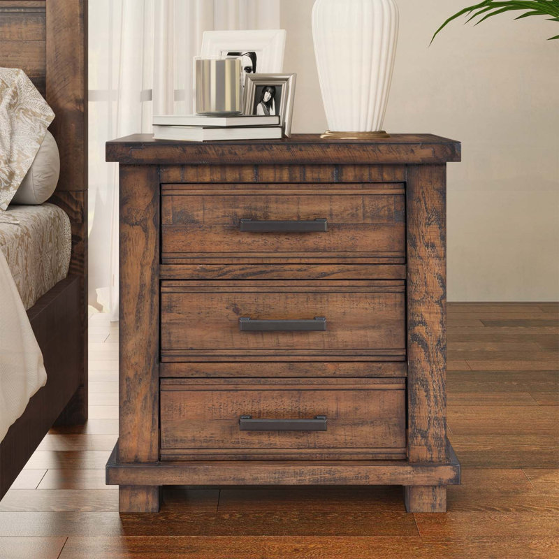 Table de chevet rustique en bois massif récupéré à trois tiroirs Rustic