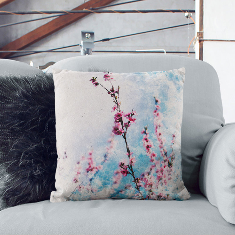 Delicate Cherry Blossom Tree Watercolour Square Throw Cushion, White, 40cm H x 40cm W x 15cm D