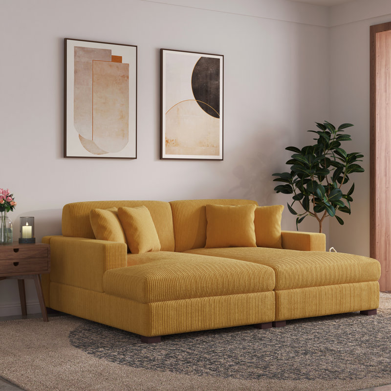 Oversized Upholstered Orange Corduroy Sleeper Sofa Bed Lounge sofa with Armrests & Throw Pillows, Orange