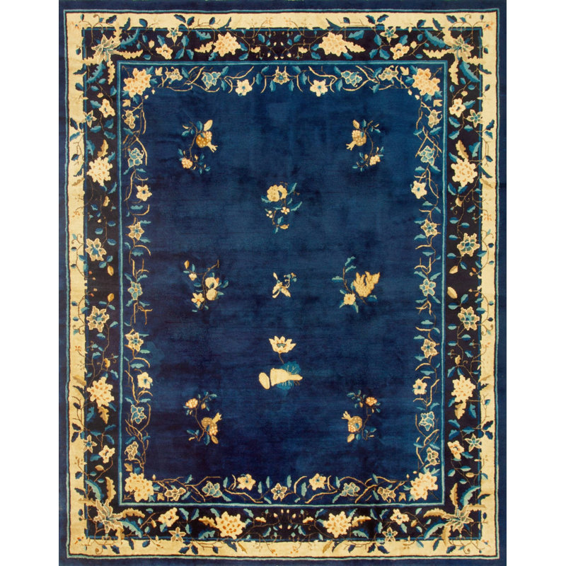 Antique 1920s Wool Floral Blue Hand Knotted Pile Rectangle Rug